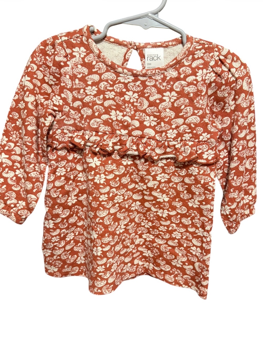 Nordstrom Rack Rust Floral & Mushroom Ruffle Long-Sleeve Dress NWT Size 9M